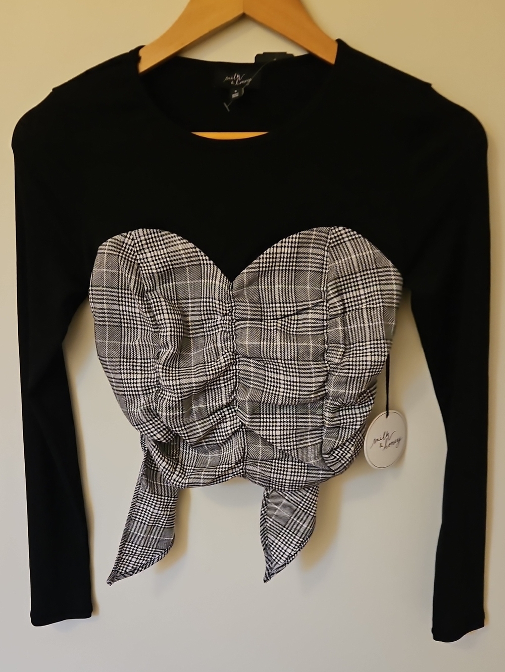 Black Long-Sleeve Top with Plaid Bustier & Tie Detail